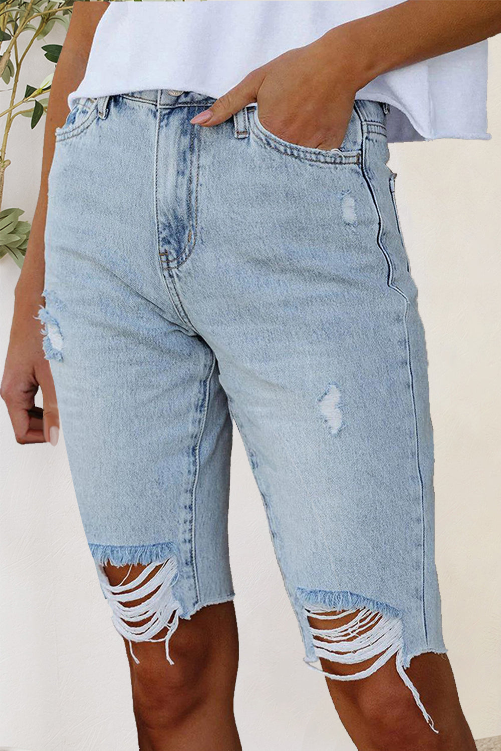 Distressed Raw Hem Denim Shorts