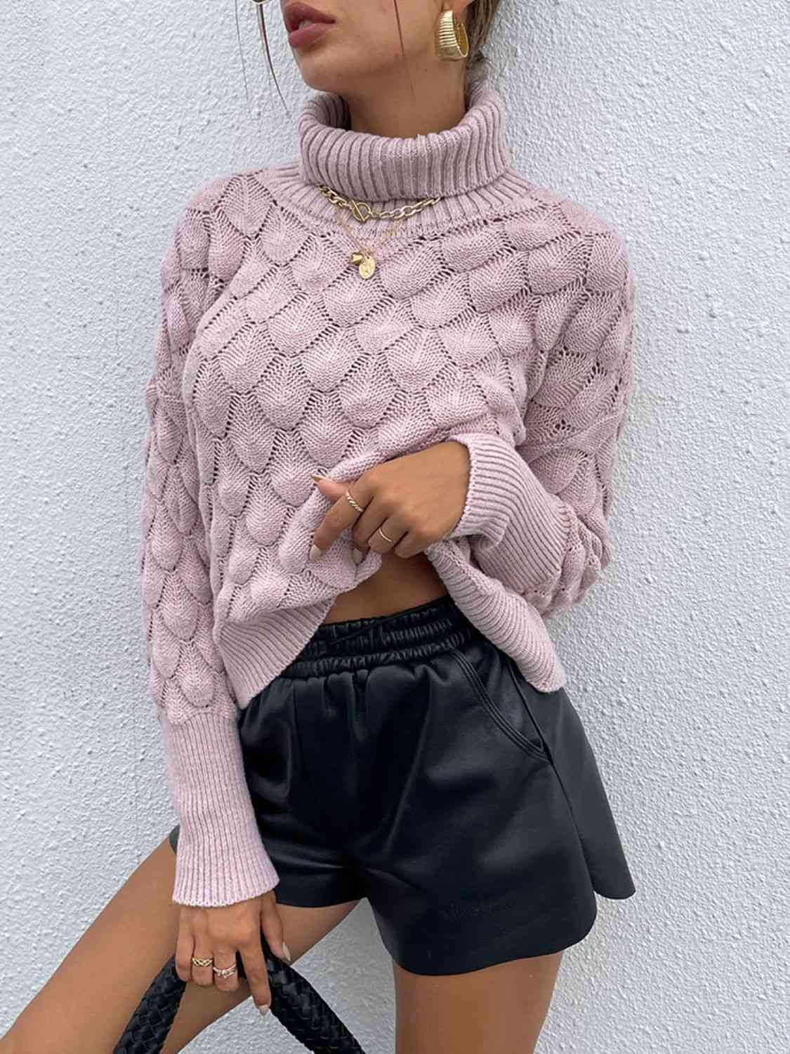 Turtle Neck Ribbed Long Sleeve Sweater