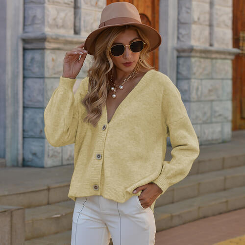 Button Up V-Neck Long Sleeve Cardigan